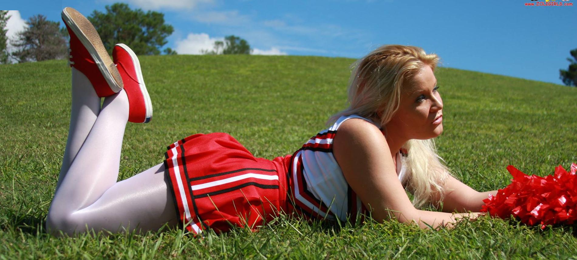 Blonde Cheerleader wearing White Opaque Shiny Pantyhose, Short Dress and Red Sneakers